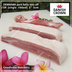 Pork BELLY SKIN OFF samcan frozen Denmark DANISH CROWN 1/3 cuts small roast +/- 1.5kg (price/kg)
